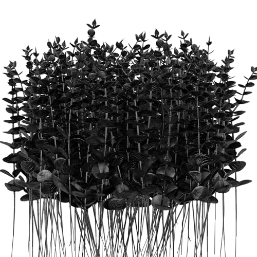 TGANNYOCR 96 Pcs Black Eucalyptus Stems Faux Leaves Bulk Artificial Eucalyptus Stems with 15inch for Black Halloween Branches Decor Wedding Bouquet Centerpiece Home Decoration
