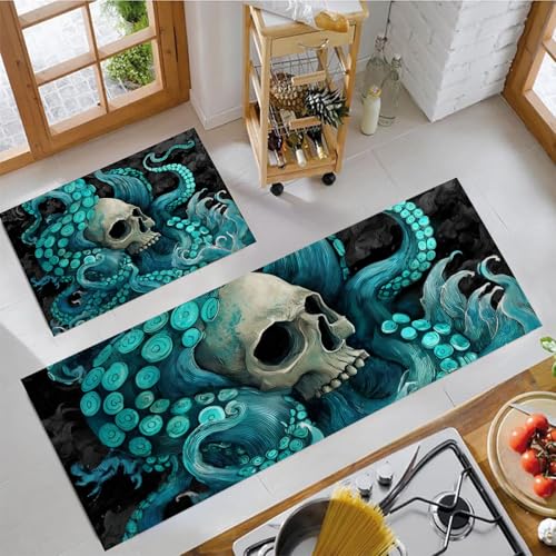 Tapis de cuisine antidérapant lavable protège sol turquoise vagues - 3