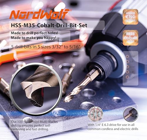 Nordwolf NW-21012 5-Piece M35 Cobalt Stubby Drill Bit Set For Stainless Steel & Hard Metals, With 1/4 Inch Hex Shank thumb #1