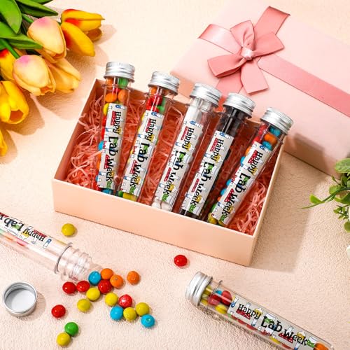 LOYIM 25 Set Lab Week Gifts Bulk Science Party Favors 45ml Plastic Test Tube with Cap Happy Lab Week Sticker 25x140mm Clear Test Tube for Candy Storage Laboratory Student Science Party Decoration