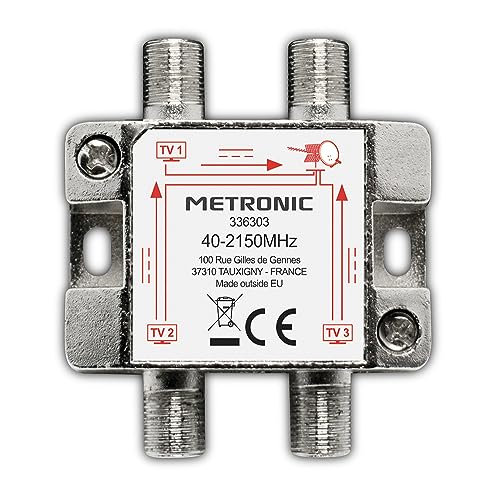 Metronic 336303 - Distribuidor de TV, divisor coaxial, DVB-T2 y satélite, divisor antena TV, blindado, metálico 1 entrada - 3 salidas F