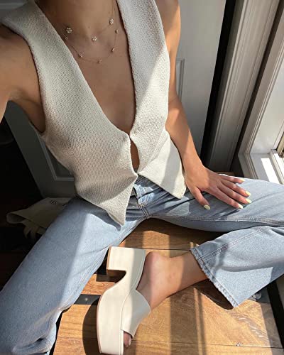 Image of Aopwsrlyi Women Crochet Knit Crop Vest Button Down V Neck Sleeveless Crop Tops Open Front Hollow Out Tank Top