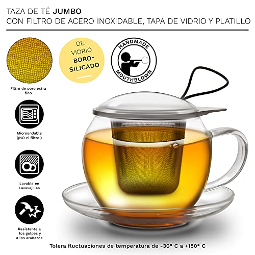 Creano Taza de té Jumbo con asa y colador de acero inoxidable integrado, tapa de cristal y platillo | 450ml Transparente… - Imagen 4