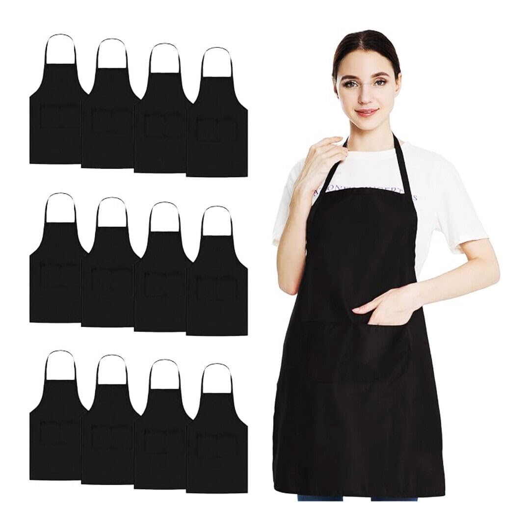 Clossy London Unisex Bib Apron with 2 Pockets Cooking Kitchen Chef Women Men Aprons for Home Kitchen, Restaurant, Coffee house (Black Pack 12)