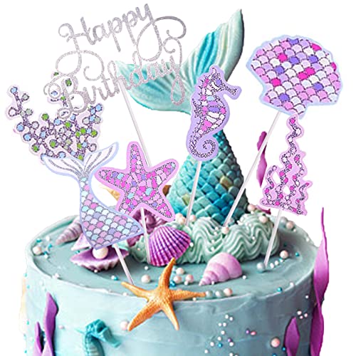 Sirena CakeTopper,Decoración para Tartas con Diseño de Sirena Color Plateado,Océano Animales...