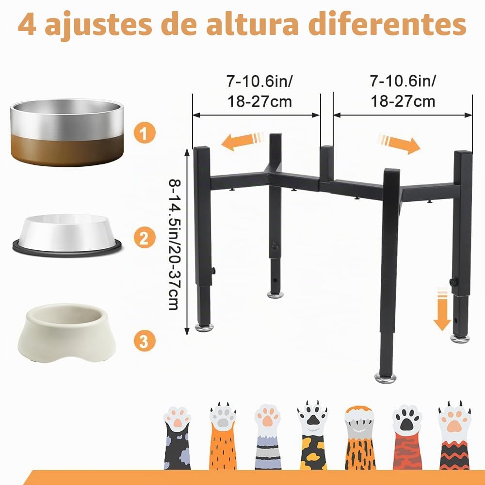 Soporte Elevado para comederos de Perro, Soporte metálico Mejorado para Dos comederos, 4 Alturas y anchuras Ajustables, Soportes a Prueba de Fugas para Perros pequeños, medianos y Grandes