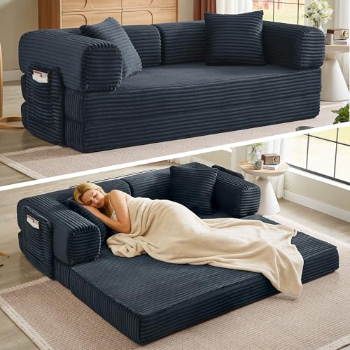 Image of Boneless Couch Futon Sofa Bed Sectional Couches for Living Room,Cloud Couch with Sleeper Sofa,Sofas for Living Room Oversized Corduroy Upholstered (Gray, 81 Inches (with Iron Frame))