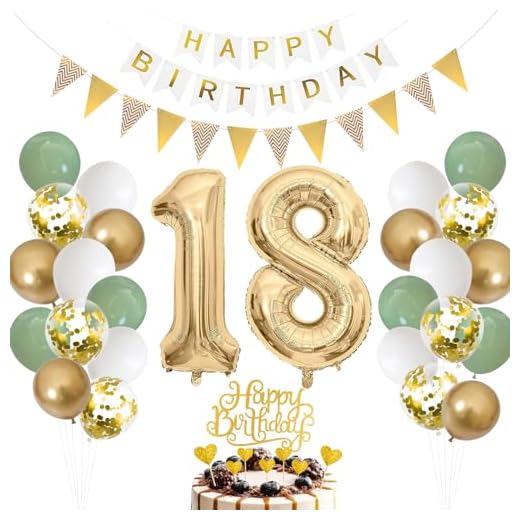 18. Geburtstag Deko: Salbeigrüne Luftballons mit Zahl 18, Grün-Weiß-Gold, Folienballons für Jungen & Mädchen, Tortendeko für 18. Geburtstag