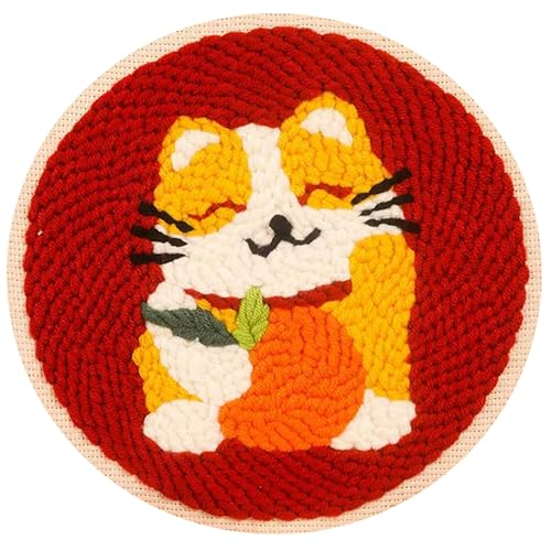 Image of Howie's Punch Needle Kit for Beginner, Cartoon Rug Hooking Embroidery Kits with Pattern, Yarns, Tools and Instructions, Creative Craft Home Decor(Fortune Cat, 8 inch diameters)