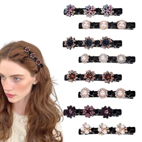 8 Pcs Sparkling Crystal Stone Braided Hair Clips for Women Pearl Hairpin with 3 Small Duckbill Hair Clips Hair Accessories for Thin & Thick Hair(Floral & Pearl Set)