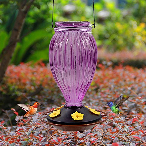 Juegoal-Glass-Hummingbird-Feeders-for-Outdoors-37-oz-Wild-Bird-Feeder-5-Feeding-Ports-Bud-Shaped-Metal-Handle-Hanging-for-Garden-Tree-Yard-Outside-Decoration-Violet