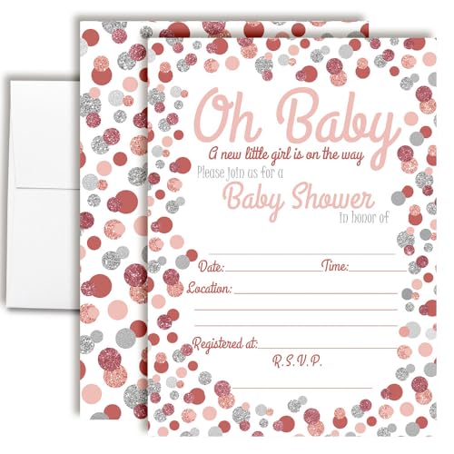 Polka Dot Pink and Gold Girl Baby Shower Fill In Style Invitations. Set of 10 including envelopes