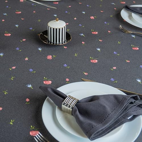 Image of Embroidered Cotton Tablecloth, Twilight Buds, 60 x 90 in | Premium heavyweight chambray cotton, all-over embroidery, 6-seater rectangle, machine washable, elegant dining and hosting