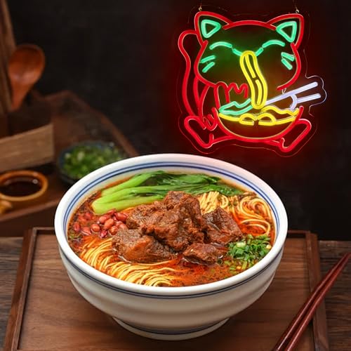 Image of Ramen Neon Sign Ramen Cat LED Light Wall Decor for Living Room, Dining Room, Ramen Shop - Unique Gift for Cat Lovers, Ramen Lovers 12.8 * 16.6 Inch
