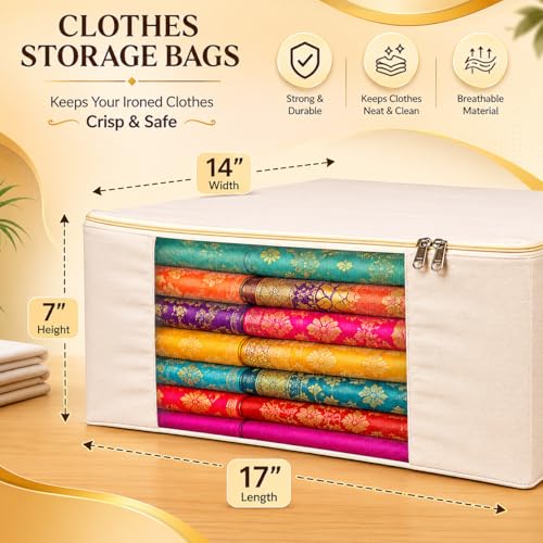 Image of Kottify 2 Pack Cotton Canvas Clothes Storage Bags /Saree Covers with Zip for Storage Specially Design for Woman Dresses, Sarees, Lehengas for Wardrobe Organizer (43cm x 36cm x 17.8cm),Beige