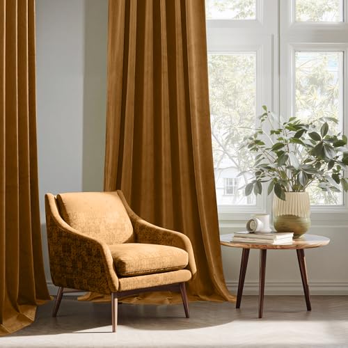 Image of StangH Mustard Gold Velvet Curtains 90 Inch Length, Luxury Soft Ochre Drapes for Creative Studio, Thermal Insulated Energy Saving Window Panels, W52 x L90, 2 Panels