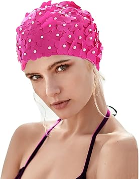 Women Retro Swim Cap, Floral Petal Bathing Cap Long Short Hair Elastic Swimming Turban with Flowers & Pearls
