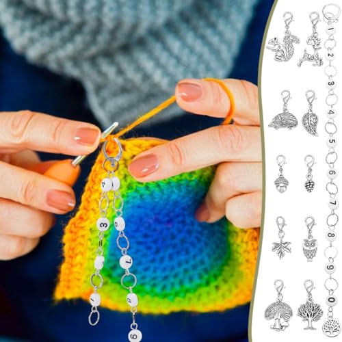BENECREAT 11Pcs Acrylic Number Knitting Row Counter Chains and Alloy Autumn Theme Charm Locking Stitch Markers with Lobster Claw Clasps for Knitting Weaving Sewing Accessories Antique Silver - Image 4
