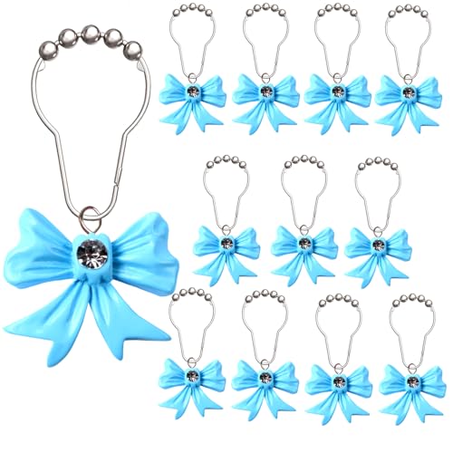 12 Pcs Blue Bow Knot Shower Curtain Hooks Decorative Stainless Steel Curtain Hooks for Bathroom Shower Rods