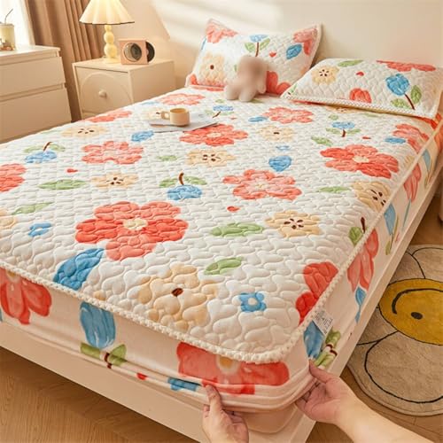 Homxi Bajera de Cama y 2 Fundas de Almohada,150 x 200 CM,Colcha de Verano para Cama de Matrimonio Terciopelo de Leche Patrón de Flores Sabana Ajustable Naranja Rojo Azul