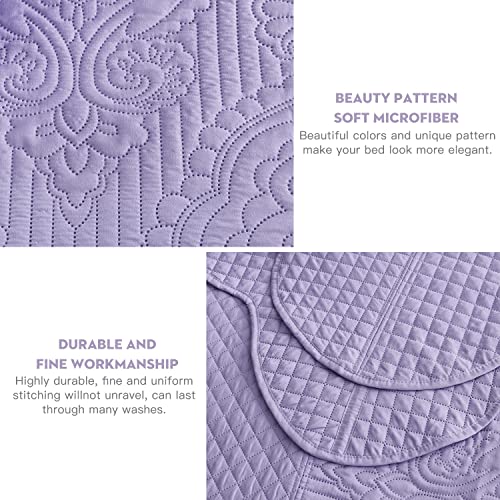 Image of HZ & HY Oversized Alaskan King Bedspread 138x122 Extra Wide, Embossed Damask Quilt Set, Lightweight Reversible Coverlet, Scalloped Edge - Soft Romantic Look, 5 Piece, Purple Lavender