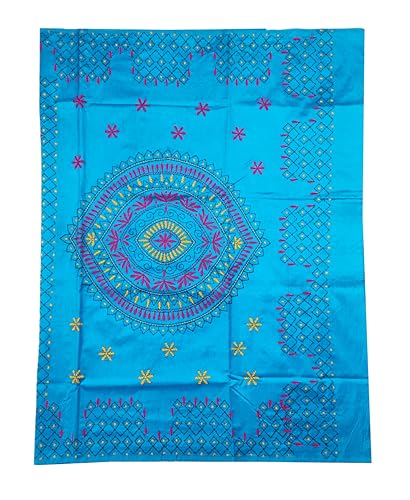 Image of SHRISTI CLOTHINGS Women's Hand Embroidered Cotton Silk Kantha Stitch Saree with Blouse Piece (SB420324 SKYBLUE)