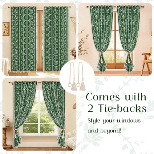 Image of Yinhua Boho Curtains for Living Room 84 Inch Length Vintage Linen Curtains for Bedroom Light Filtering Floral Window Curtain Rod Pocket & Back Tabs Rustic Tassel Drapes with Tiebacks, Olive Green
