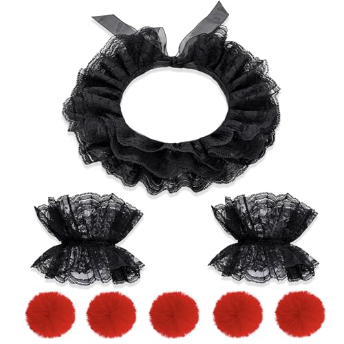8PCS Clown Costume Accessories Lace Neck Ruffle Collar Wrist Cuff Red Pom Poms Ball Women Halloween Clown Dress up Cosplay Black Jester