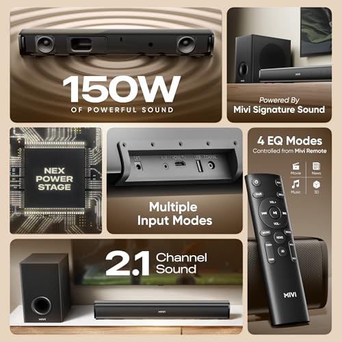 Image of Mivi Nex 150 Soundbar with Subwoofer | 150W Home Theater Speaker | 2.1 Channel Sound Bar for Smart TV | Bluetooth v5.3 | HDMI, ARC, Coaxial & USB Speaker Home Theatre | Made in India (Black)