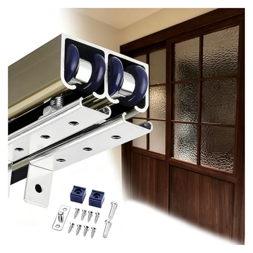 Kit de herrajes para puerta corredera de granero de doble pista, riel de metal resistente para puertas de bolsillo de gabinete de sala de estar, marco de riel de 10 pies con ruedas giratorias suaves