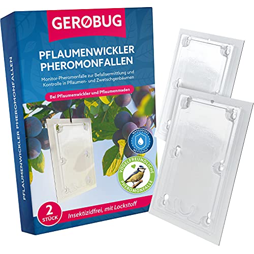 Gerobug® Pflaumenwicklerfalle Pheromonfalle Bio 2 Stk. - Vogelfreundliches Produktdesign inkl. 2 inkl. Bindedrähte - Pflaumenmadenfalle mit Lockstoff