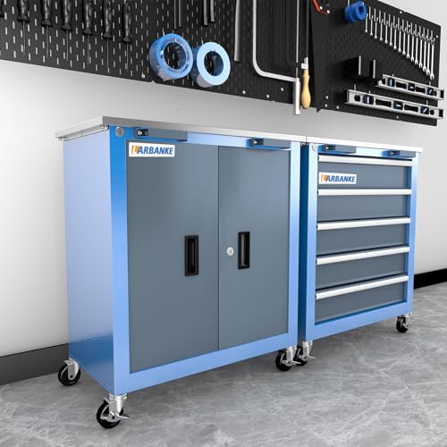 Image of 5 Drawer&2 Door Rolling Tool Chest Conbination,Stainless Steel Top | 360 Wheels and Padded Feet, Locks&Keys,Unique Link Buckle, for Home, Garage and Office