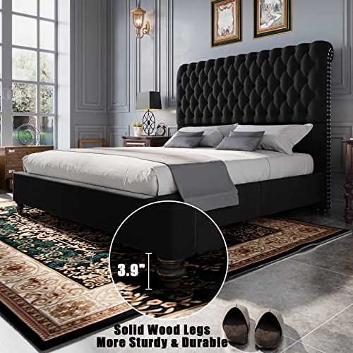 Papajet 52.8" High Upholstered Bed Frame King Size Platform Sleigh Bed With Deep Button Tufted Headboard/Easy Assembly/Black #TOP6