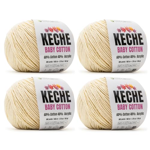 Image of Keche Cotton Yarn, 60% Cotton 40% Acrylic Yarn, Soft Cotton Yarn for Crochet and Knitting, Amigurumi Yarn 4 Skeins /Balls [1.76 Oz (50g) / 180 Yrds (165m)] x 4 - Cream