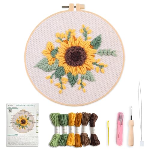 Creative Stab Punch Needle Kit Sunflowers Daisy & Flower Patterns  Beginner-Friendly Complete Set with Fabric Needle Yarn & Instructions  Perfect for Adult Handicraft Enthusiasts (sunflower)