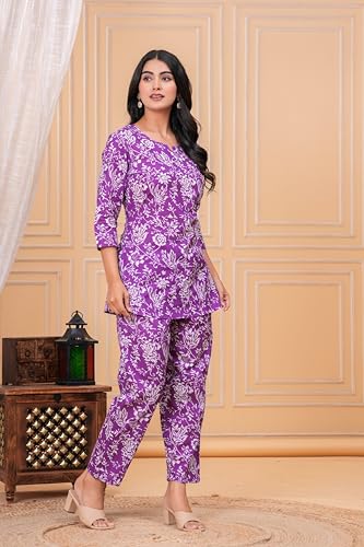 Image of MEERA FAB Women Printed V-Neck Pure Cotton Tunic with Trousers Co-Ords Set