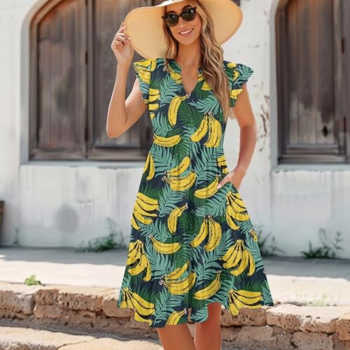 Women's Casual Ruffle Sleeve Dress V Neck Pullover Dress Flowy A-Line Pleated Lightweight Dress with Pockets3