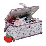 Large Wooden Sewing Box with Accessories Sewing Storage and Organizer with Complete Sewing Kit Tools, White Purple Sewing Basket with Removable Tray and Tomato Pincushion for Sewing Mending