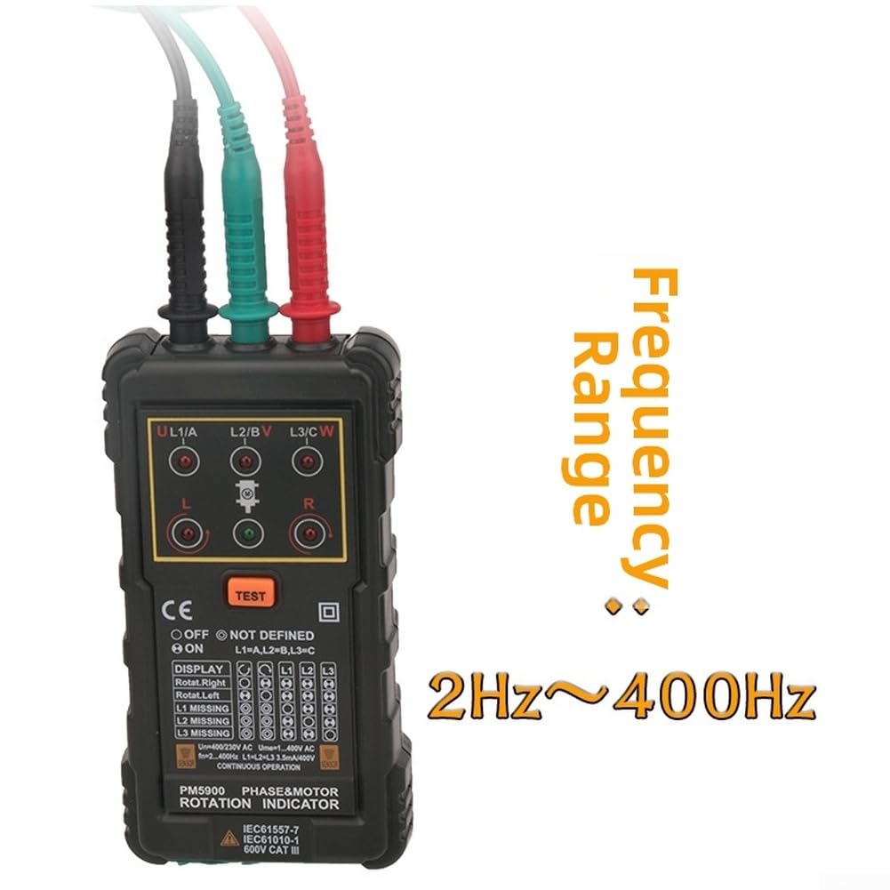 PEAKMETER PM5900 Berührungsloser Phasenfolger für 3-Phasen AC 120V-400V, Motor-Drehfeldprüfer mit R/L-Anzeige, für frequenz 2Hz-400Hz, Kompaktes Messgerät für Elektriker im Feld
