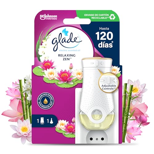 Glade Ambientador Eléctrico Líquido Regulable Relaxing Zen, Dura Hasta 120 Días, con Aceites Esenciales, 1 Difusor + 1 Recambio