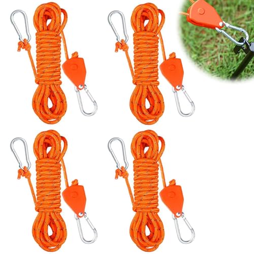 URHELP 4 Stück 4mm Rope Seilratsche mit Haken, Reflektierend Abspannseile mit Seilspanner, Einstellbare Sonnensegel Spanner, Camping Zubehör, Windfestes Seil für Sonnensegel Wäscheleine