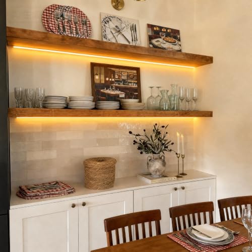 Image of ROGMARS 72 Inches Long Walnut Floating Shelves with Led Light | Rustic Solid Wood Farmhouse Wall Shelves with Invisible Brackets for Bedroom, Living Room, Kitchen, Bathroom Set of 2