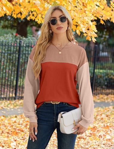 Wiholl Long Sleeve Shirts For Women Crew Neck Sweatshirts Colorblock Tunic Blouses Soft Comfortable Caramel L thumb #1