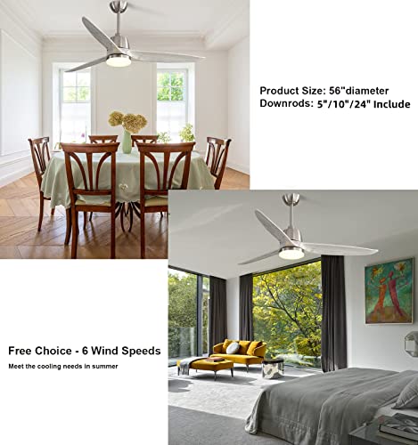 Rela Mall 56" Ceiling Fan With Light And Remote Control, 6-Speed Ceiling Fan, Minimalist Modern Style, Timing Ceiling Fan For Large Bedroom/Living Room, V Shape Gray Blade + Sand Nickel Body + 3 Rods #TOP7