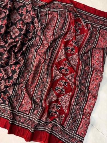 Image of SATIKA VASTRAM Modal Silk Ajrakh Saree Bandhani Design Crepe Printed Designer Pallu Attach Blouse Piece