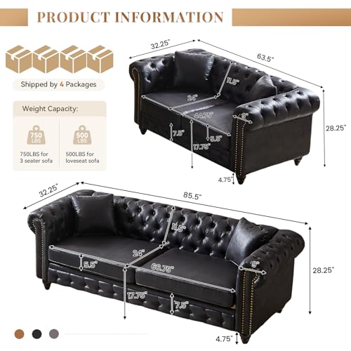 Image of Modern Chesterfield Sofa Set for Living Room, 2 Piece Faux Leather Furniture Sets 3 Seater Couch&Loveseat Sofa with Rolled Arms and Tufted Button, Office, Black