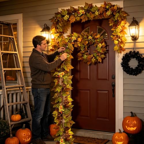 2PCS 5.7FT Faux Autumn Halloween Garland with Green Maple Leaf and Berries (Gold) - image 6