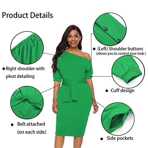 Image of Nature Comfy Elegant Womens Wear to Work One Shoulder Belted Pencil Dress | Cocktail Party, Casual, Wedding Guest, Day to Night, Asymmetrical Neck, Side Pockets, Bodycon, Elegant Formal Occasions