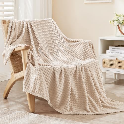 Image of EMME Fleece Blanket, 3D Jacquard Throw Blanket for Couch and Bed, Soft Cozy and Fluffy Blankets Lightweight Luxury Flannel with Geometric Grid Design (Beige, 108 inch x 90 inch)