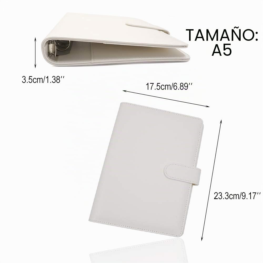Carpeta de piel sintética con hebilla magnética para cuadernos o planificadores personales de papel recargable u hojas sueltas de tamaño A5, color blanco